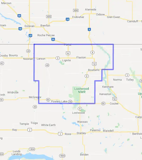 County level USDA loan eligibility boundaries for Burke, North Dakota
