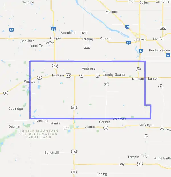 County level USDA loan eligibility boundaries for Divide, North Dakota