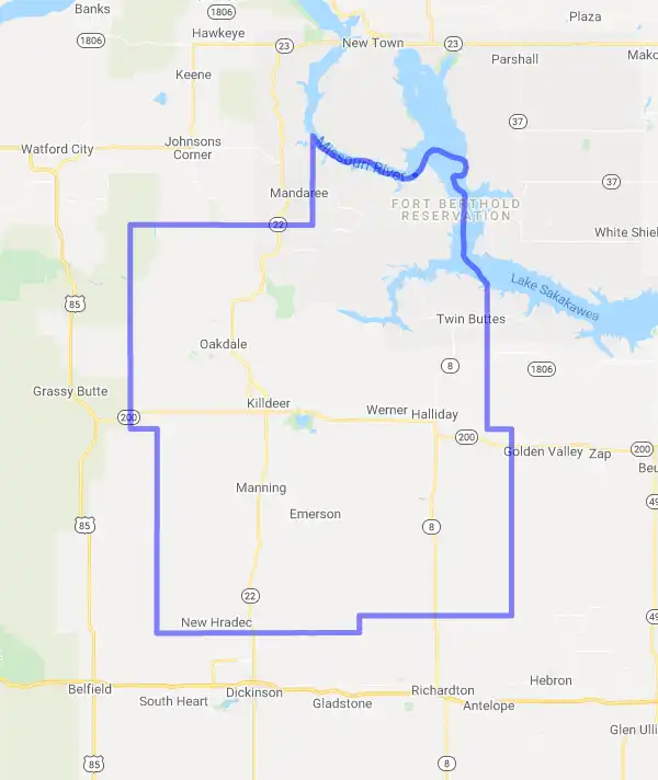 County level USDA loan eligibility boundaries for Dunn, North Dakota