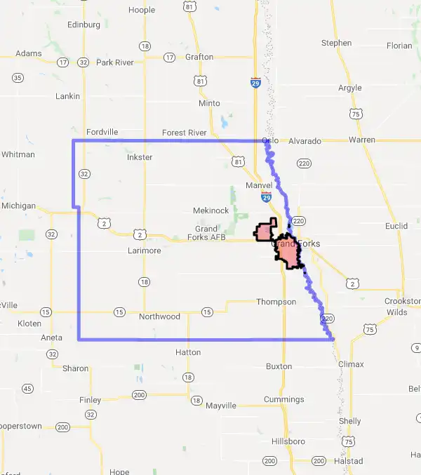 County level USDA loan eligibility boundaries for Grand Forks, North Dakota