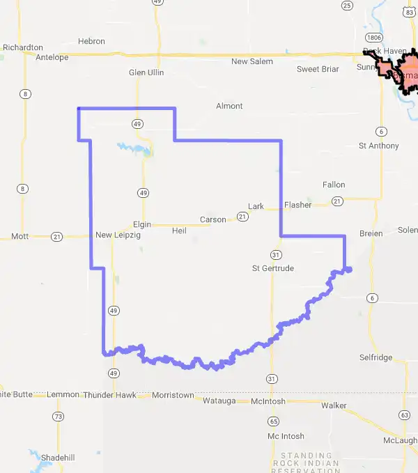 County level USDA loan eligibility boundaries for Grant, North Dakota