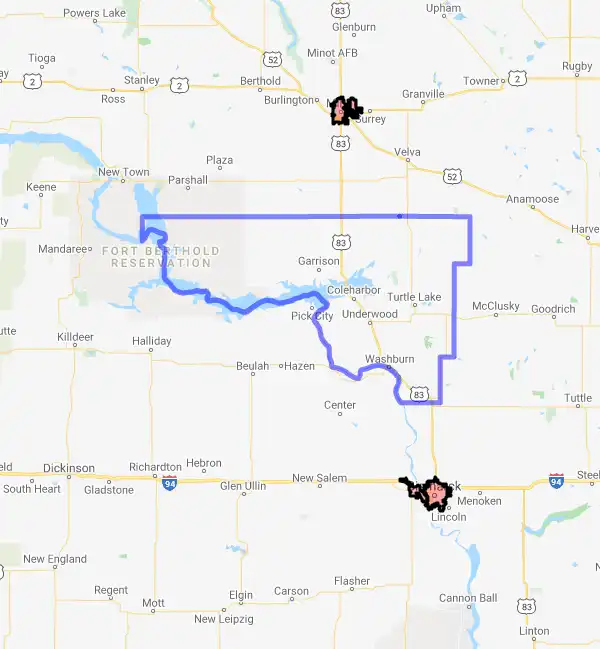 County level USDA loan eligibility boundaries for McLean, North Dakota