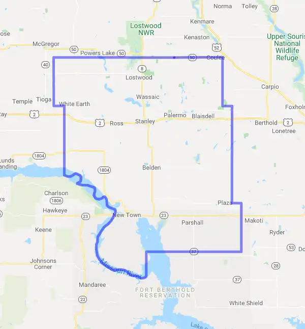 County level USDA loan eligibility boundaries for Mountrail, North Dakota