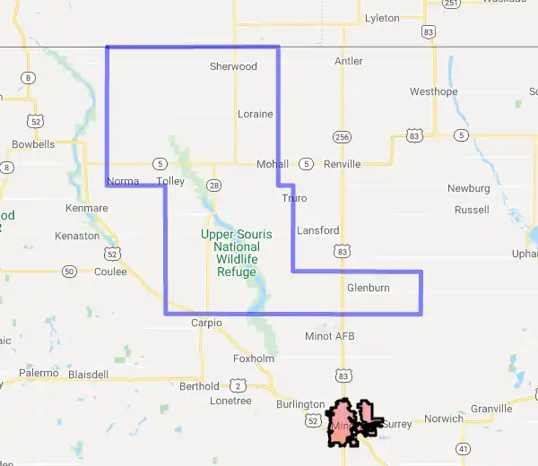 County level USDA loan eligibility boundaries for Renville, ND