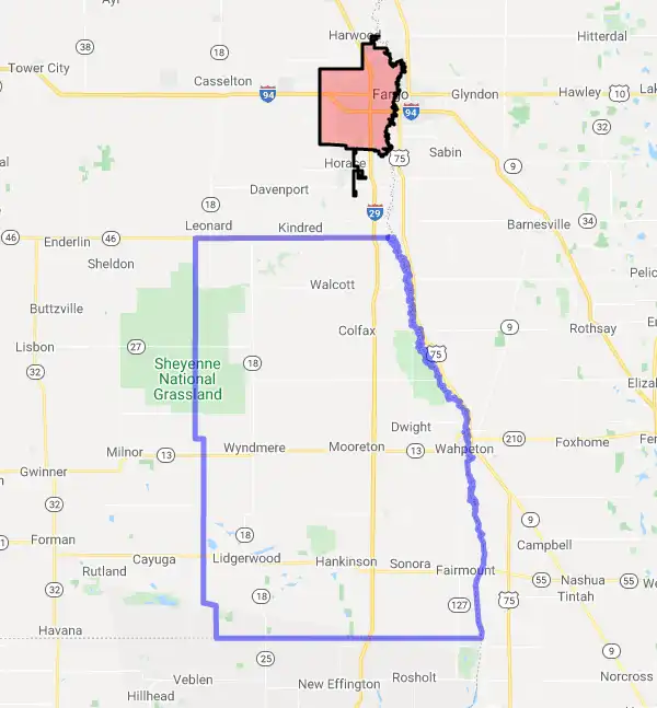 County level USDA loan eligibility boundaries for Richland, ND