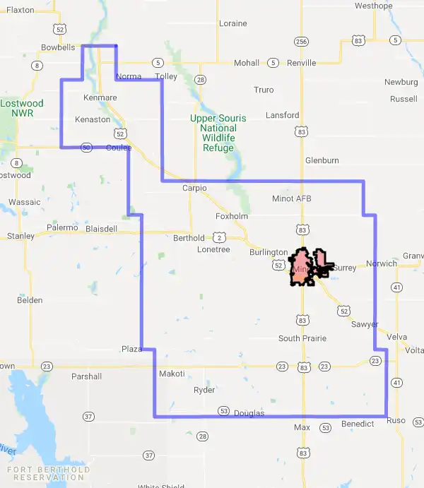 County level USDA loan eligibility boundaries for Ward, North Dakota