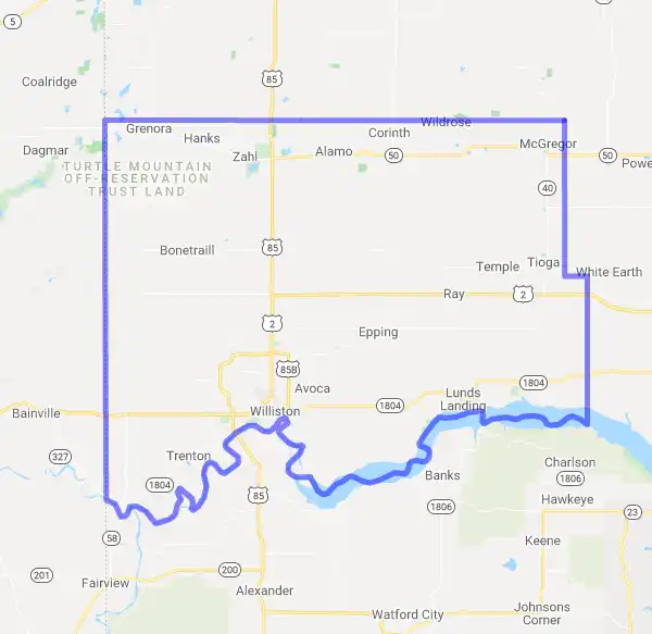 County level USDA loan eligibility boundaries for Williams, North Dakota