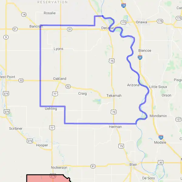 County level USDA loan eligibility boundaries for Burt, Nebraska