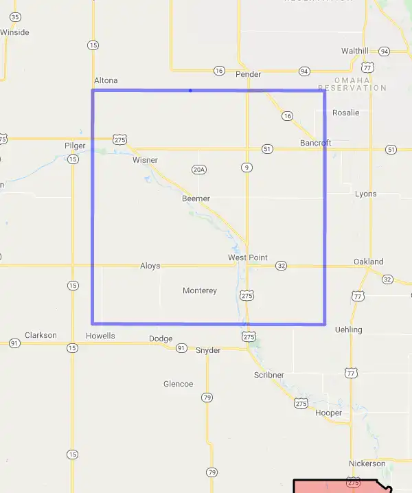 County level USDA loan eligibility boundaries for Cuming, Nebraska