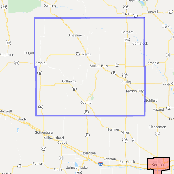 County level USDA loan eligibility boundaries for Custer, NE