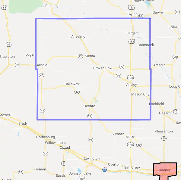 County level USDA loan eligibility boundaries for Custer, Nebraska