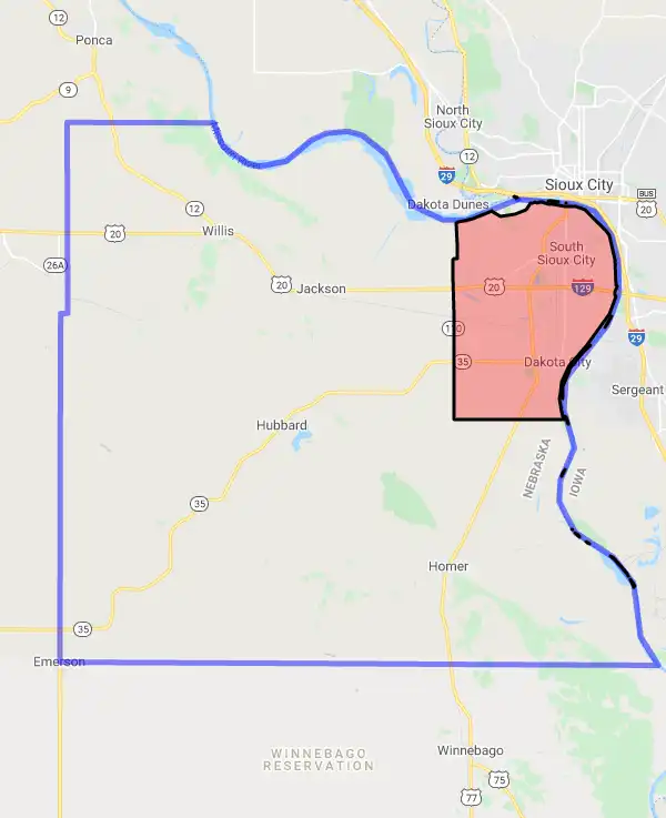County level USDA loan eligibility boundaries for Dakota, Nebraska