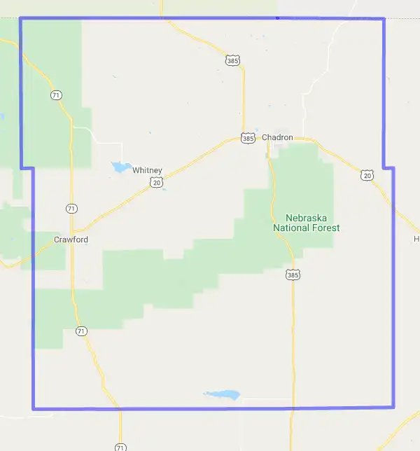 County level USDA loan eligibility boundaries for Dawes, Nebraska