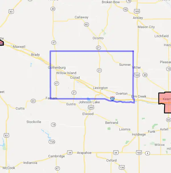County level USDA loan eligibility boundaries for Dawson, Nebraska