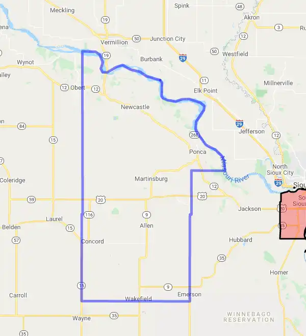 County level USDA loan eligibility boundaries for Dixon, Nebraska