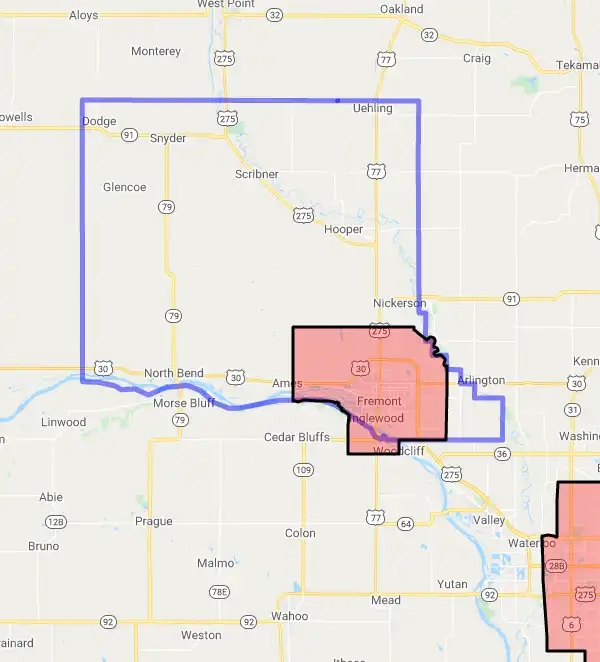 County level USDA loan eligibility boundaries for Dodge, Nebraska