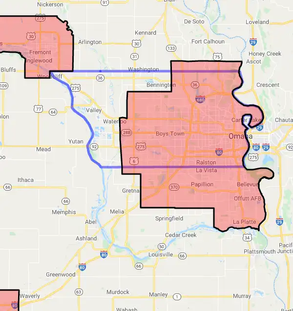 County level USDA loan eligibility boundaries for Douglas, Nebraska