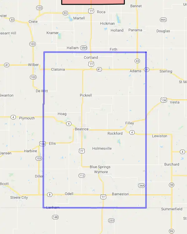 County level USDA loan eligibility boundaries for Gage, Nebraska
