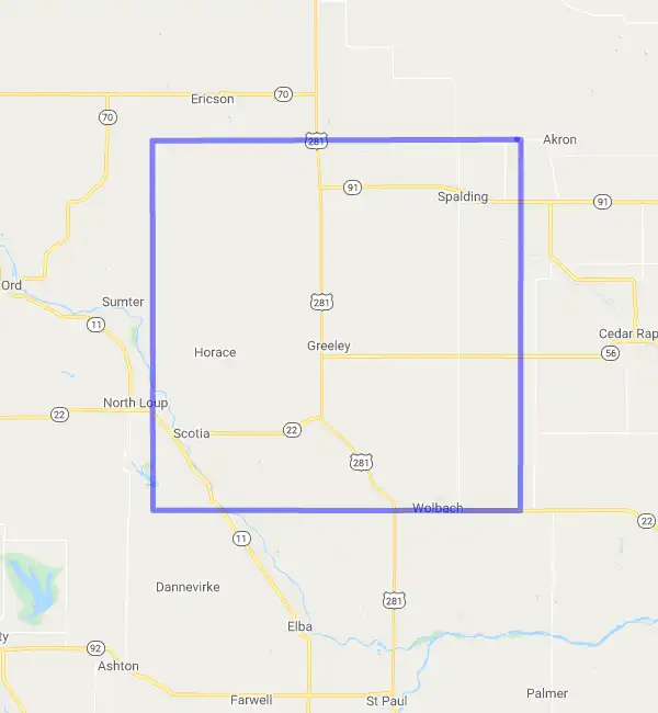 County level USDA loan eligibility boundaries for Greeley, Nebraska