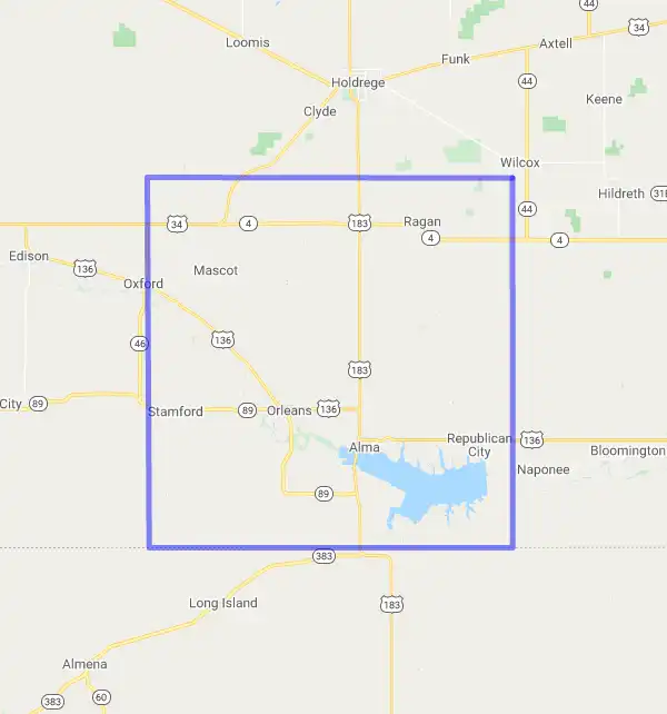 County level USDA loan eligibility boundaries for Harlan, Nebraska