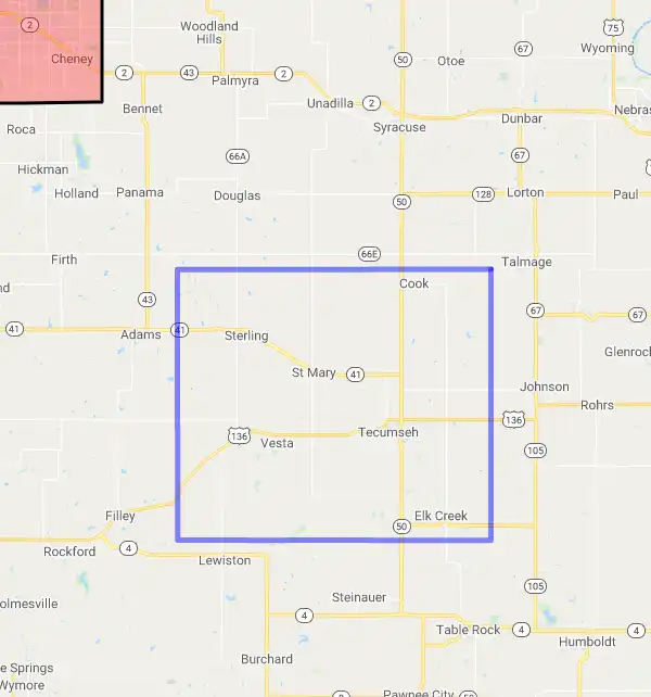 County level USDA loan eligibility boundaries for Johnson, Nebraska