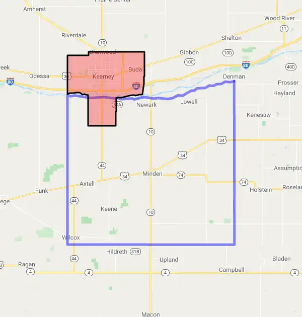 County level USDA loan eligibility boundaries for Kearney, Nebraska