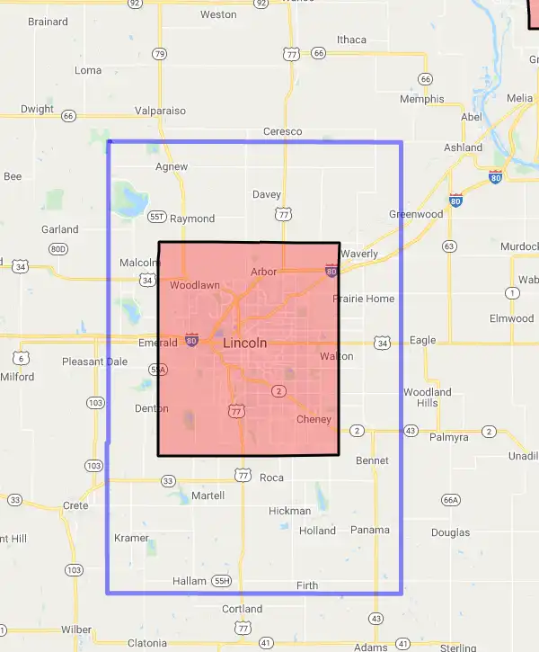 County level USDA loan eligibility boundaries for Lancaster, Nebraska