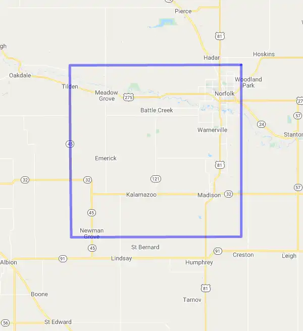 County level USDA loan eligibility boundaries for Madison, Nebraska