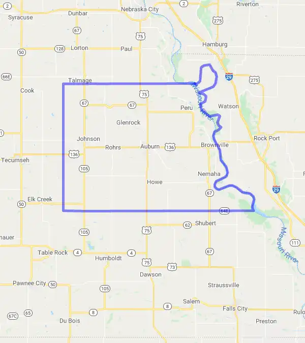 County level USDA loan eligibility boundaries for Nemaha, Nebraska