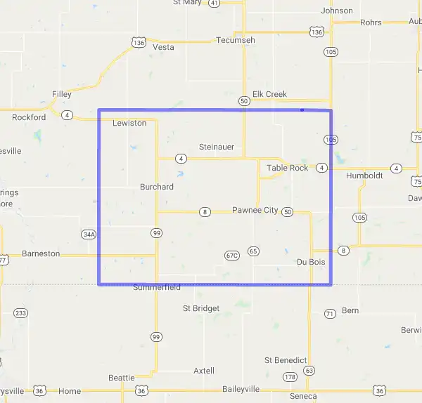 County level USDA loan eligibility boundaries for Pawnee, Nebraska