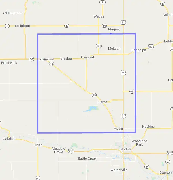 County level USDA loan eligibility boundaries for Pierce, NE