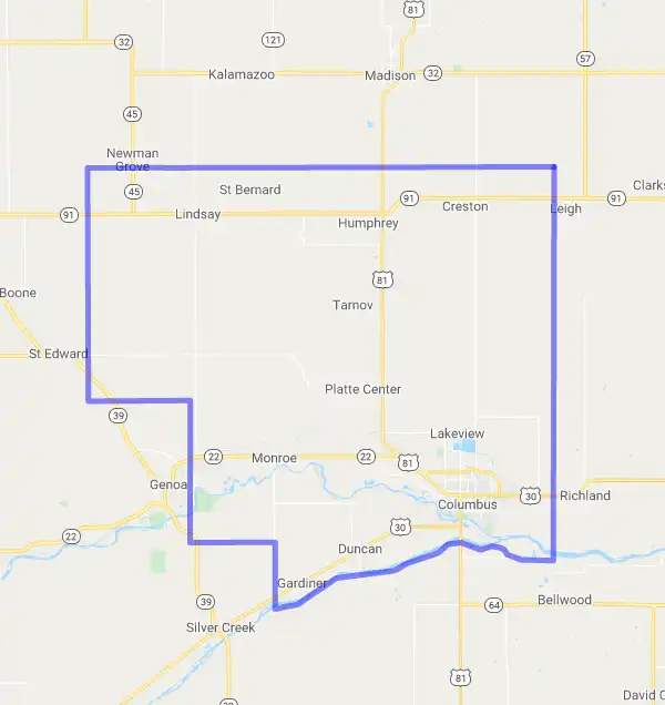 County level USDA loan eligibility boundaries for Platte, NE