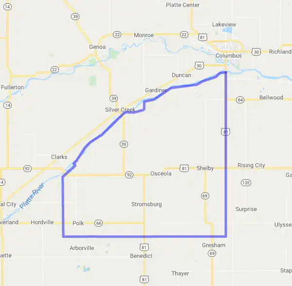 County level USDA loan eligibility boundaries for Polk, Nebraska