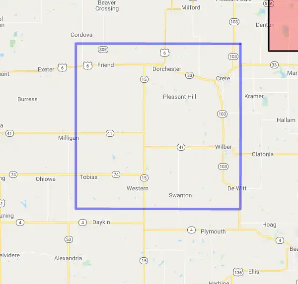 County level USDA loan eligibility boundaries for Saline, Nebraska