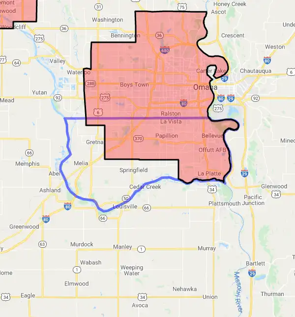 County level USDA loan eligibility boundaries for Sarpy, Nebraska