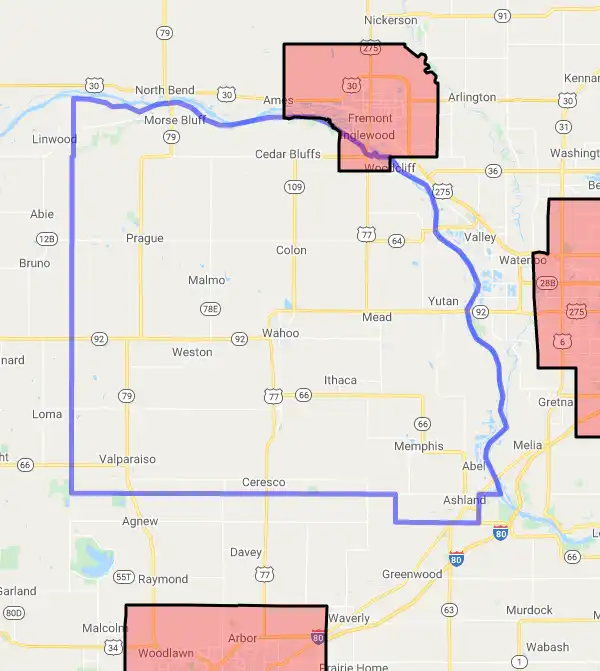 County level USDA loan eligibility boundaries for Saunders, Nebraska