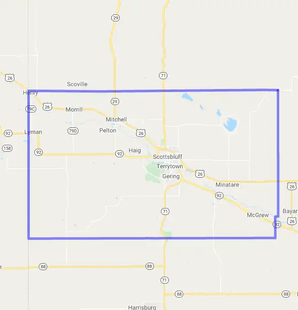 County level USDA loan eligibility boundaries for Scotts Bluff, Nebraska