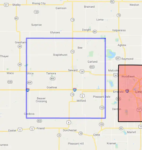 County level USDA loan eligibility boundaries for Seward, Nebraska