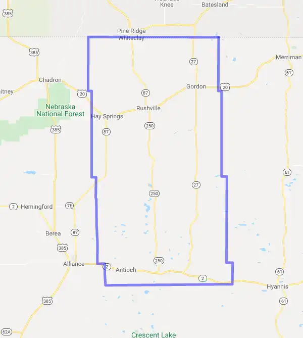 County level USDA loan eligibility boundaries for Sheridan, NE