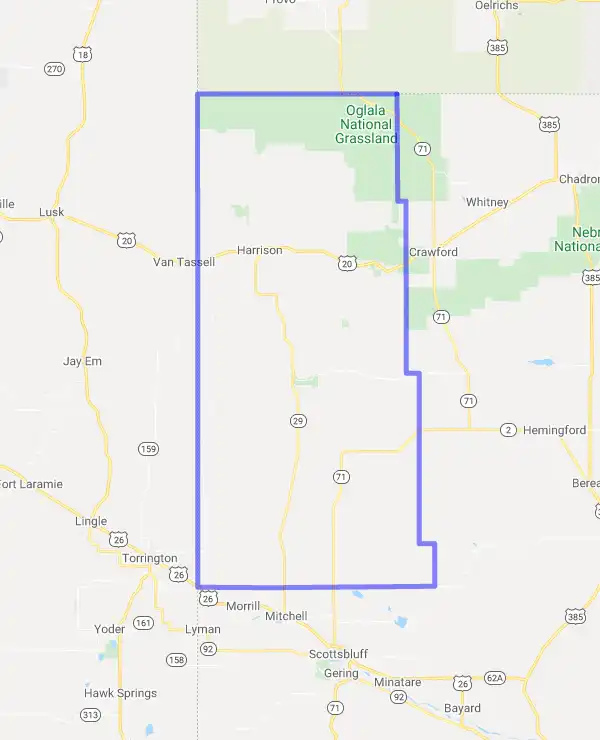 County level USDA loan eligibility boundaries for Sioux, Nebraska