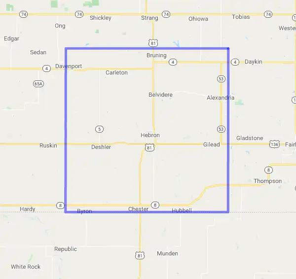 County level USDA loan eligibility boundaries for Thayer, NE