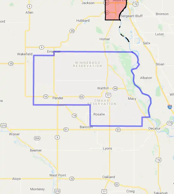 County level USDA loan eligibility boundaries for Thurston, Nebraska