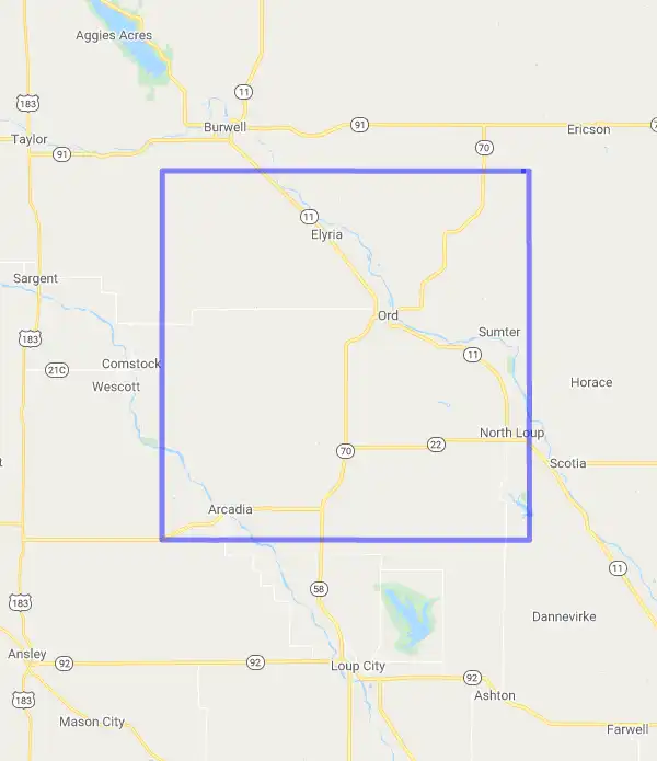 County level USDA loan eligibility boundaries for Valley, Nebraska