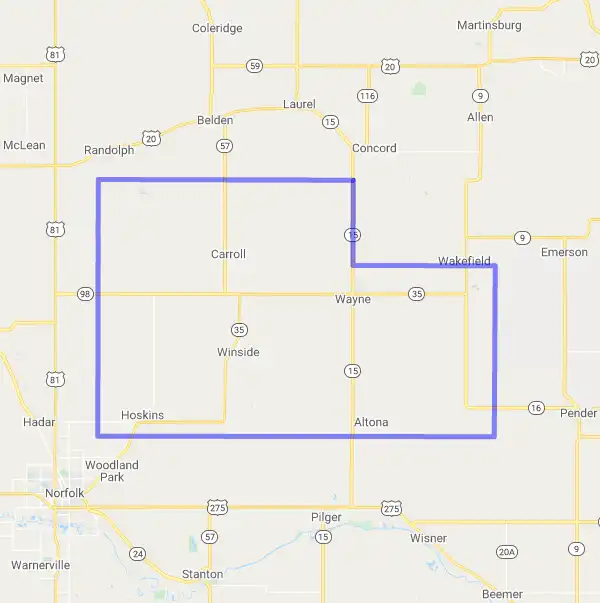 County level USDA loan eligibility boundaries for Wayne, Nebraska