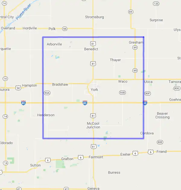 County level USDA loan eligibility boundaries for York, Nebraska