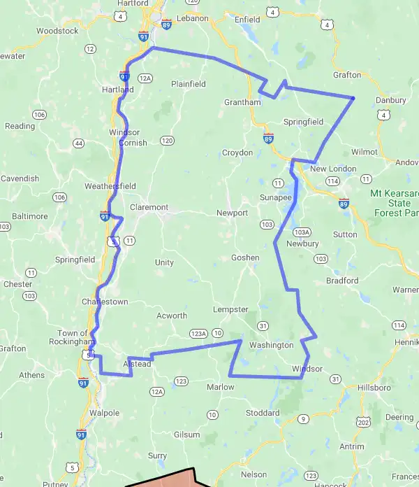 County level USDA loan eligibility boundaries for Sullivan, New Hampshire