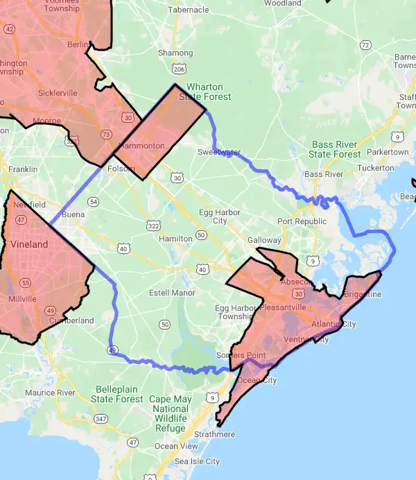 County level USDA loan eligibility boundaries for Atlantic, New Jersey