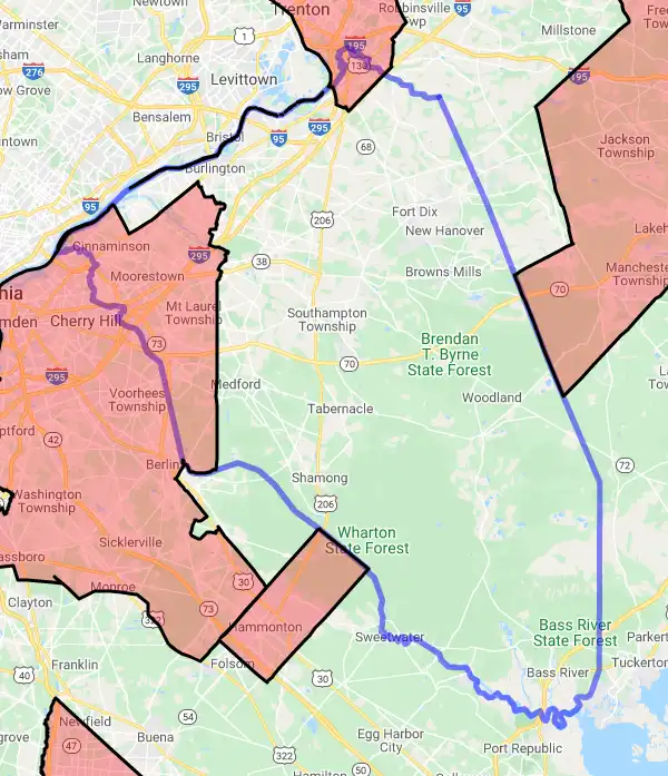 County level USDA loan eligibility boundaries for Burlington, New Jersey
