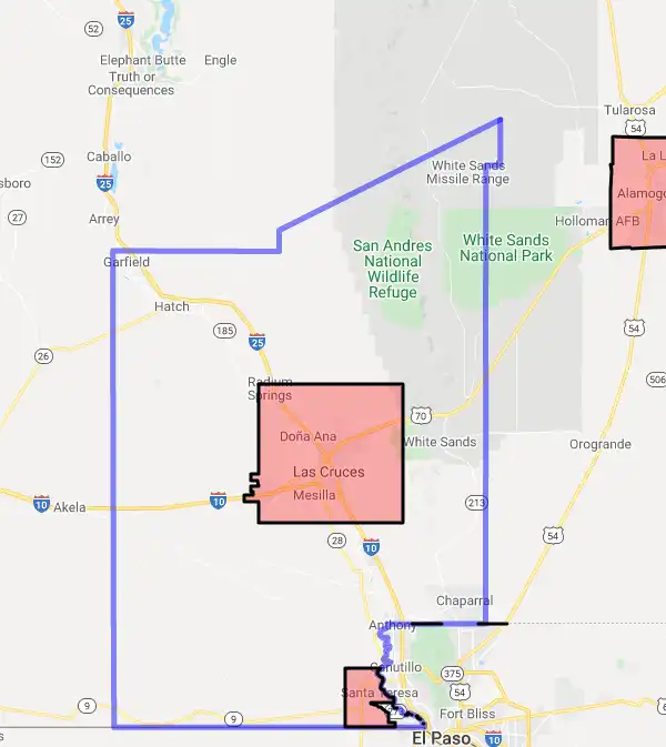 County level USDA loan eligibility boundaries for Dona Ana, New Mexico