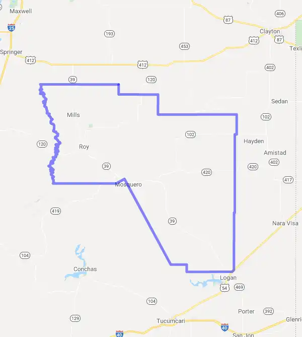 County level USDA loan eligibility boundaries for Harding, New Mexico